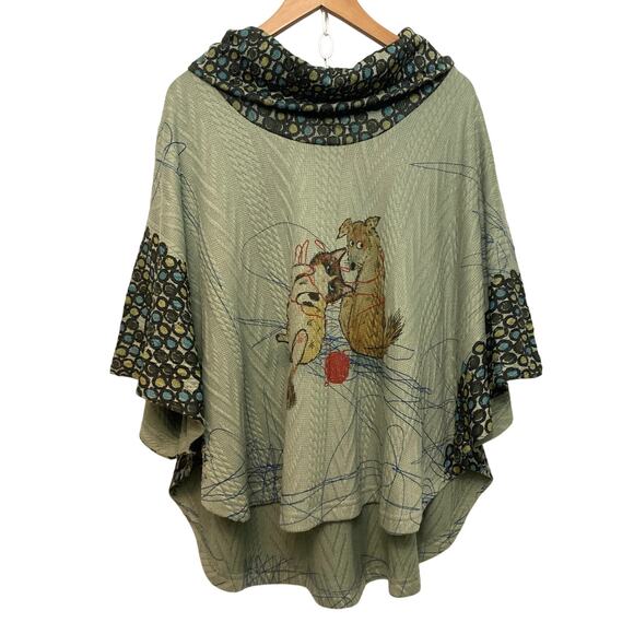 NWT Inoah Dog and Cat Pullover Cowl Neck Green Cable Knit Poncho Sweater Top - Picture 3 of 14